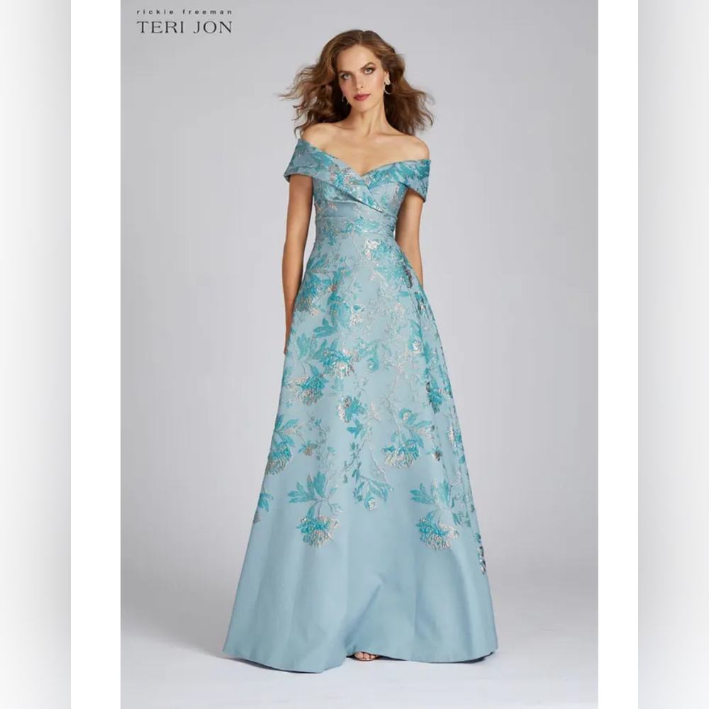 Teri Jon Light Blue Off-Shoulder Floral Gown